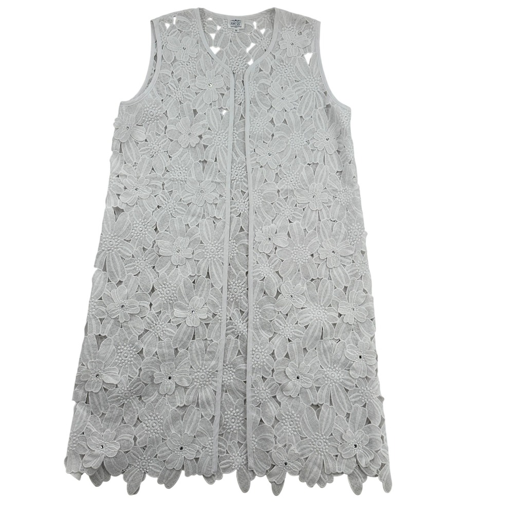 Just B Women White Floral Lace Sleeveless Open Front Cardigan Rhinestone Accent